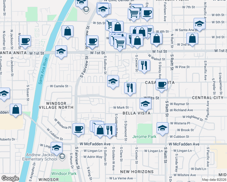 map of restaurants, bars, coffee shops, grocery stores, and more near 425 South Sullivan Street in Santa Ana