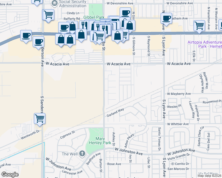 map of restaurants, bars, coffee shops, grocery stores, and more near 2433 Carlsbad Circle in Hemet