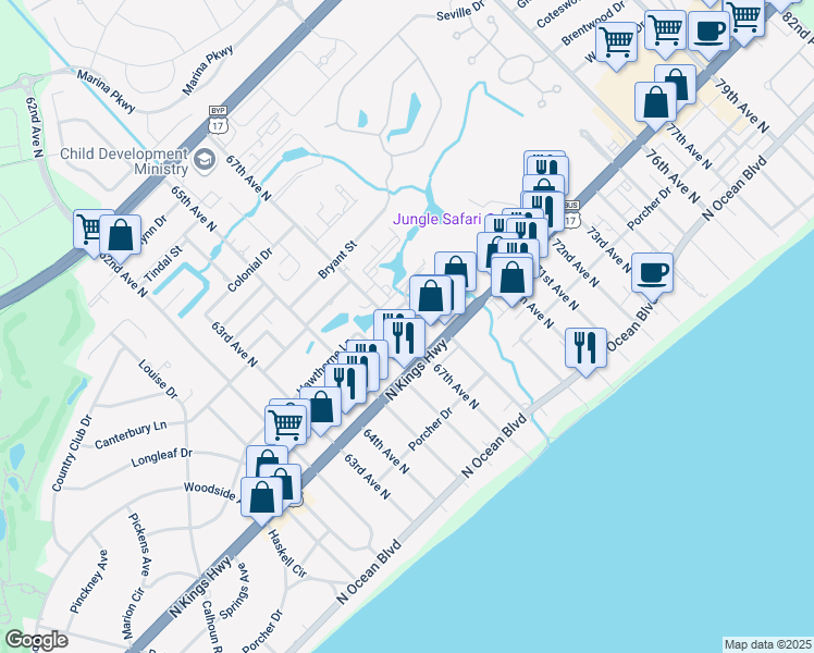 map of restaurants, bars, coffee shops, grocery stores, and more near 506 67th Avenue North in Myrtle Beach