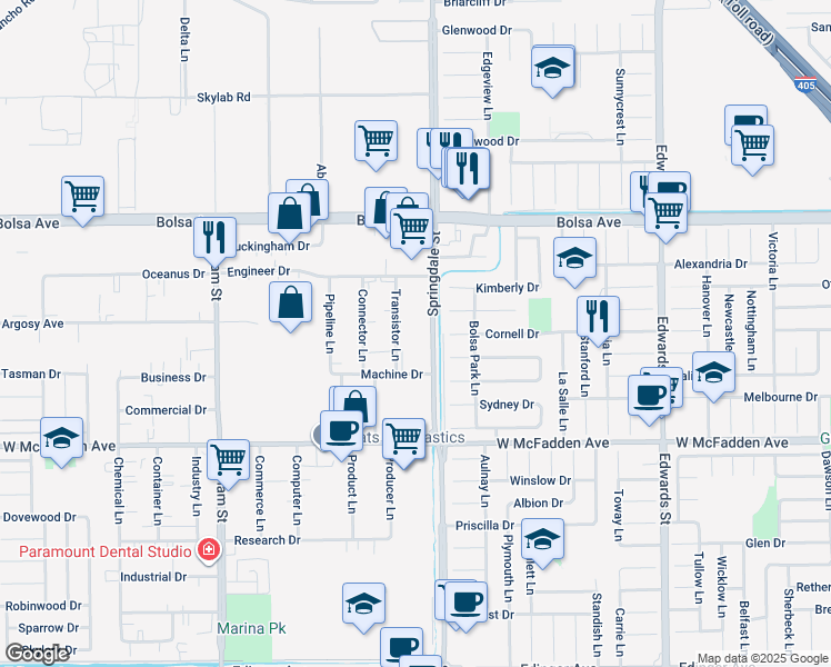 map of restaurants, bars, coffee shops, grocery stores, and more near 15245 Springdale Street in Huntington Beach
