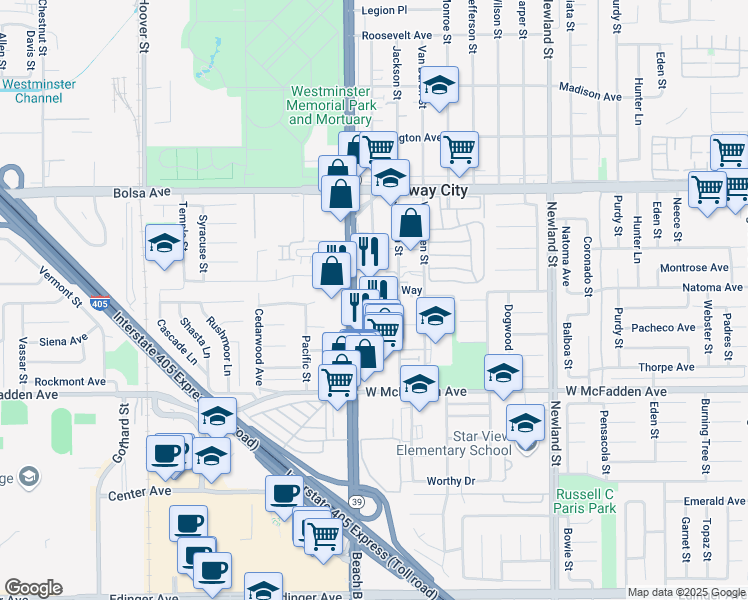 map of restaurants, bars, coffee shops, grocery stores, and more near 15300 Elmore Way in Midway City
