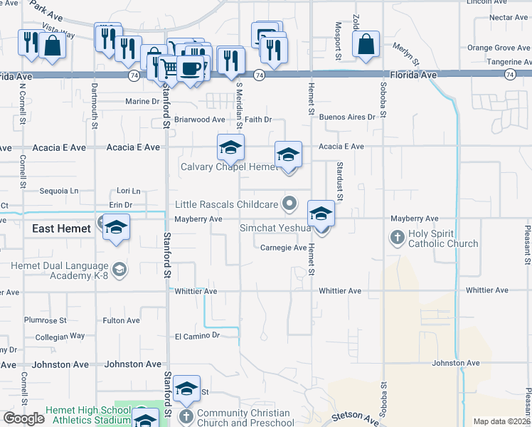 map of restaurants, bars, coffee shops, grocery stores, and more near 42080 Mayberry Avenue in Hemet
