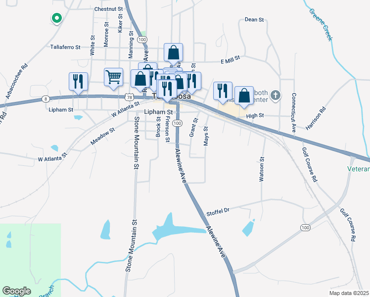 map of restaurants, bars, coffee shops, grocery stores, and more near 3339 Georgia 100 in Tallapoosa