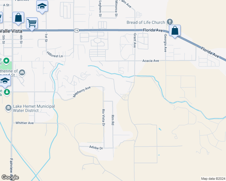 map of restaurants, bars, coffee shops, grocery stores, and more near 26241 Grant Avenue in Hemet