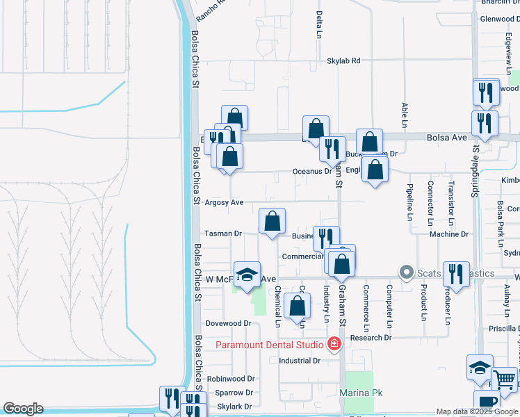 map of restaurants, bars, coffee shops, grocery stores, and more near 15201 Newsboy Circle in Huntington Beach
