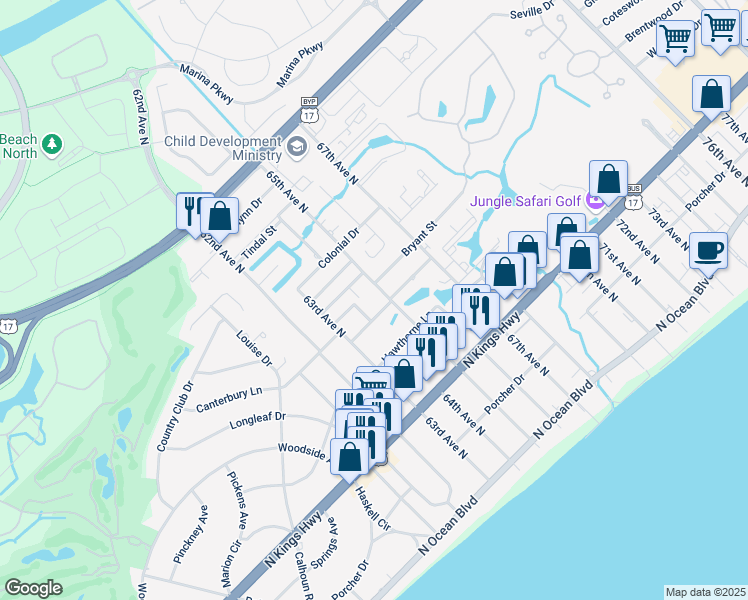 map of restaurants, bars, coffee shops, grocery stores, and more near 701 65th Avenue North in Myrtle Beach