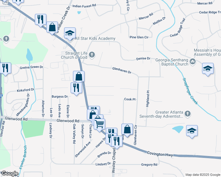 map of restaurants, bars, coffee shops, grocery stores, and more near 4281 Welbron Drive in Decatur