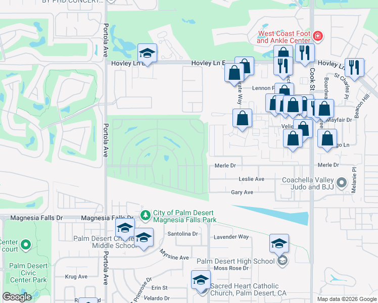 map of restaurants, bars, coffee shops, grocery stores, and more near 74521 Zircon Circle East in Palm Desert