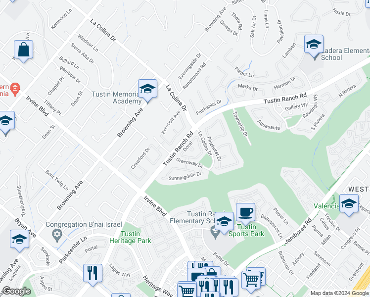map of restaurants, bars, coffee shops, grocery stores, and more near 12715 Doral in Tustin