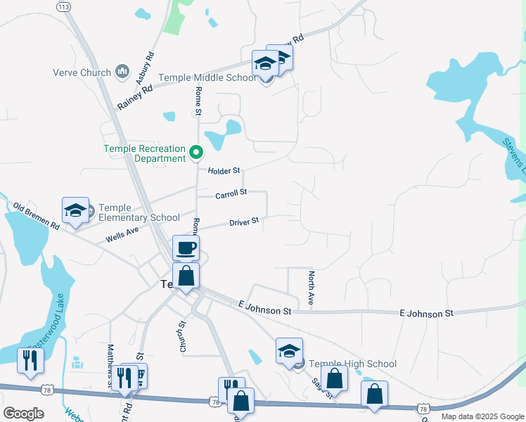 map of restaurants, bars, coffee shops, grocery stores, and more near 130 Driver Street in Temple