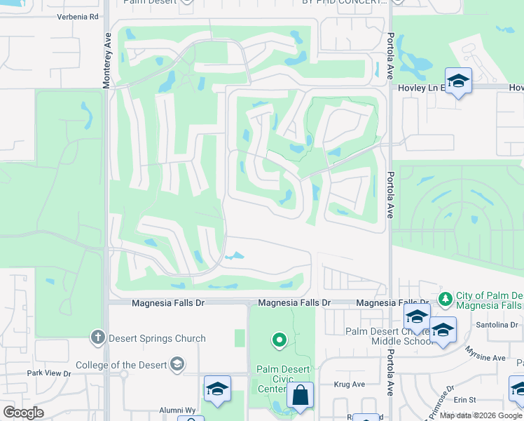 map of restaurants, bars, coffee shops, grocery stores, and more near 91 Conejo Circle in Palm Desert