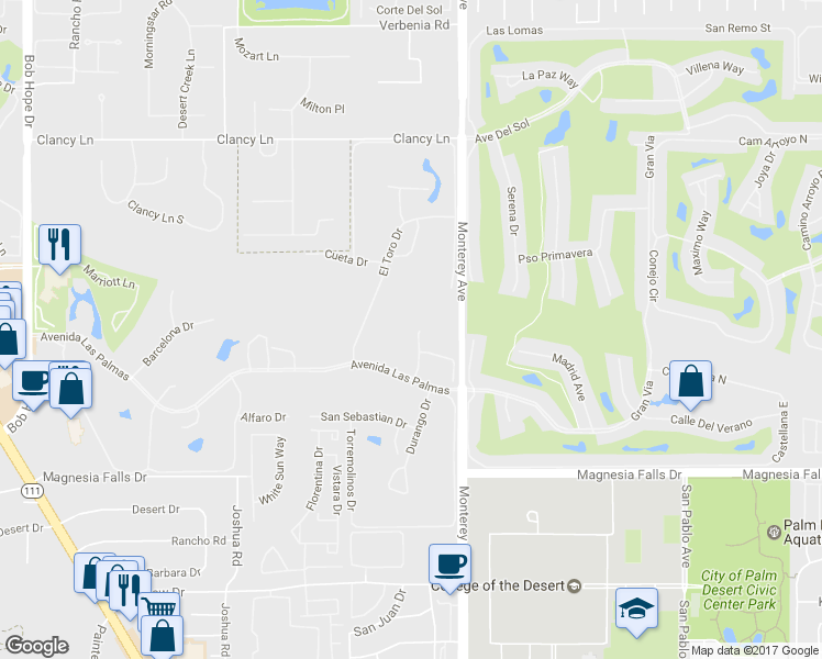 map of restaurants, bars, coffee shops, grocery stores, and more near 32 Tortosa Drive in Rancho Mirage