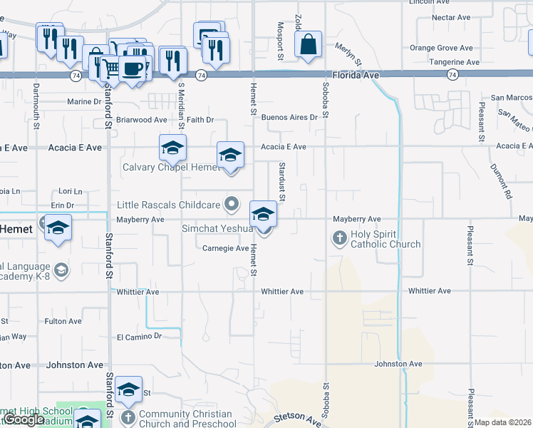 map of restaurants, bars, coffee shops, grocery stores, and more near 42290 Mayberry Avenue in Hemet