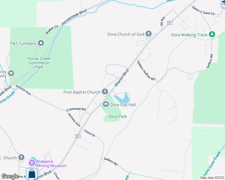 map of restaurants, bars, coffee shops, grocery stores, and more near Sharon Boulevard in Dora