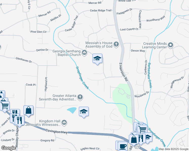 map of restaurants, bars, coffee shops, grocery stores, and more near 4649 Big Valley Court in Stone Mountain