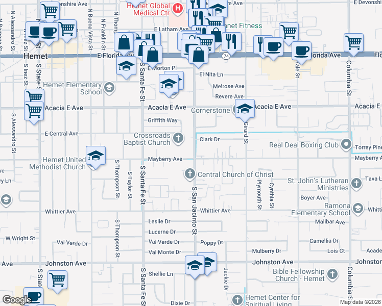 map of restaurants, bars, coffee shops, grocery stores, and more near 455 South San Jacinto Street in Hemet