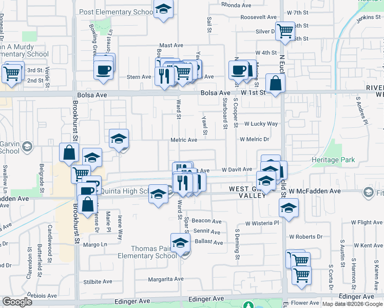 map of restaurants, bars, coffee shops, grocery stores, and more near 10562 West Barbette Avenue in Garden Grove