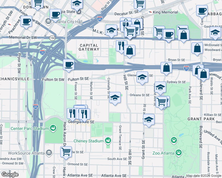 map of restaurants, bars, coffee shops, grocery stores, and more near 510 Connally Street Southeast in Atlanta