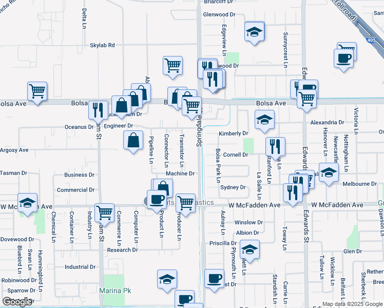 map of restaurants, bars, coffee shops, grocery stores, and more near 15245 Springdale Street in Huntington Beach