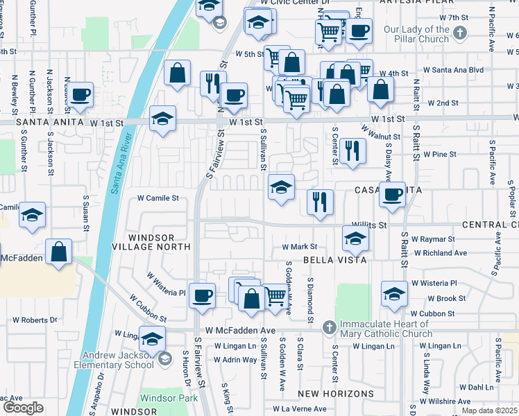 map of restaurants, bars, coffee shops, grocery stores, and more near 426 South Sullivan Street in Santa Ana