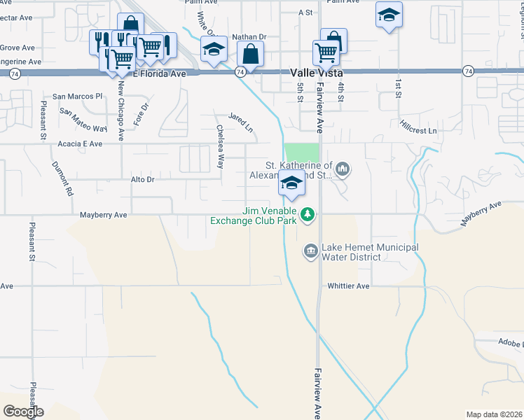 map of restaurants, bars, coffee shops, grocery stores, and more near 43782 Mayberry Avenue in Hemet