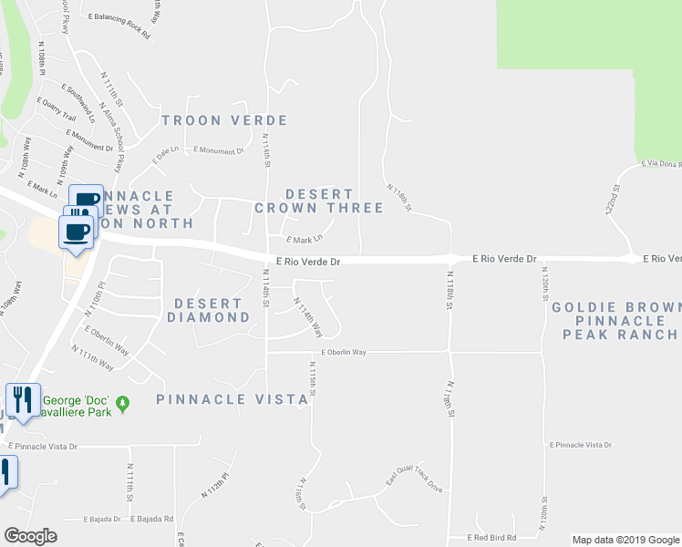 map of restaurants, bars, coffee shops, grocery stores, and more near 11586 East Running Deer Trail in Scottsdale