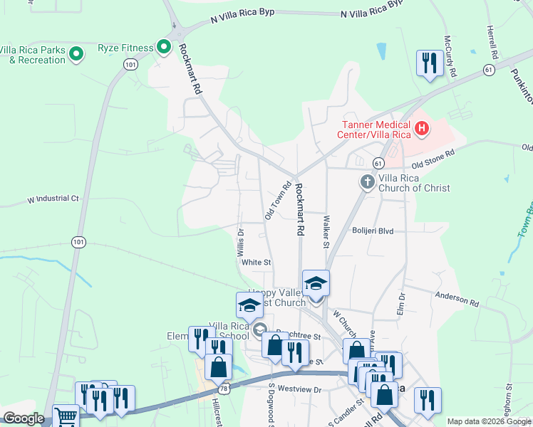 map of restaurants, bars, coffee shops, grocery stores, and more near 410 Old Town Road in Villa Rica