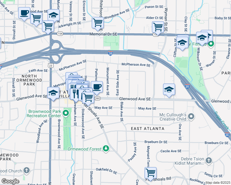 map of restaurants, bars, coffee shops, grocery stores, and more near 487 East Side Avenue Southeast in Atlanta