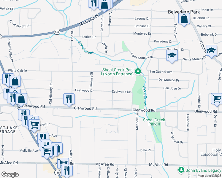 map of restaurants, bars, coffee shops, grocery stores, and more near 2822 Eastwood Drive in Decatur