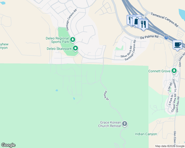 map of restaurants, bars, coffee shops, grocery stores, and more near 26246 Moorpark Court in Corona