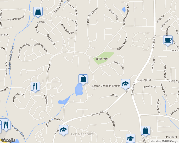 map of restaurants, bars, coffee shops, grocery stores, and more near 1691 South Hidden Hills Parkway in Stone Mountain