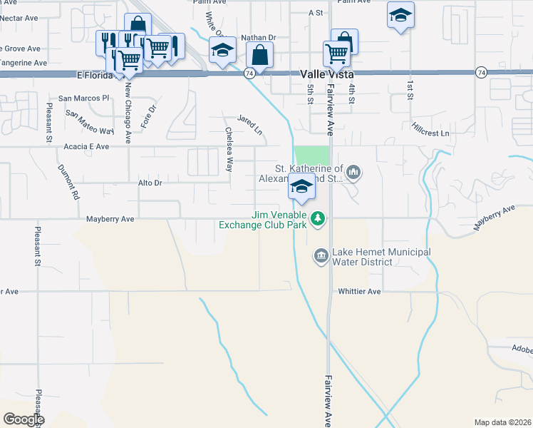 map of restaurants, bars, coffee shops, grocery stores, and more near 43801 Pioneer Avenue in Hemet