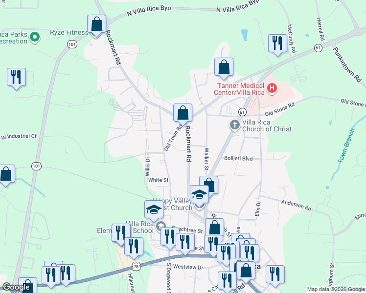 map of restaurants, bars, coffee shops, grocery stores, and more near 402 Rockmart Road in Villa Rica
