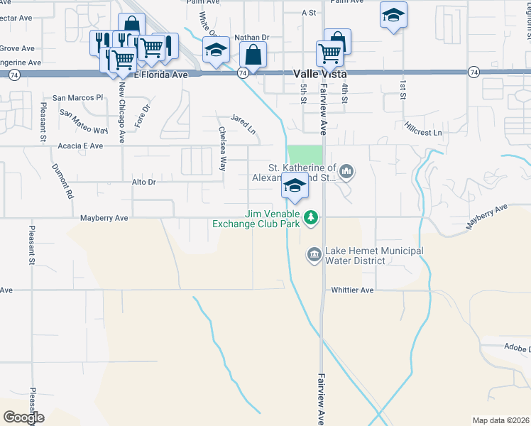 map of restaurants, bars, coffee shops, grocery stores, and more near 43782 Mayberry Avenue in Hemet
