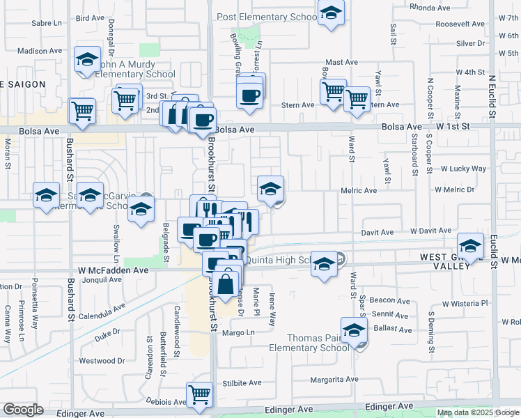map of restaurants, bars, coffee shops, grocery stores, and more near 10166 Decima Drive in Westminster