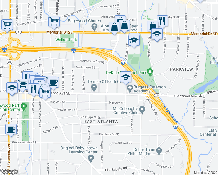 map of restaurants, bars, coffee shops, grocery stores, and more near 482 Maynard Terrace Southeast in Atlanta