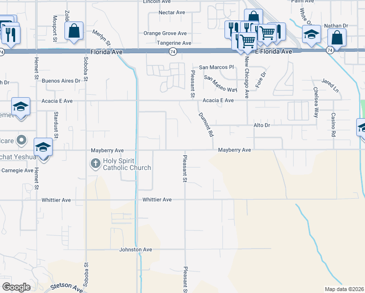 map of restaurants, bars, coffee shops, grocery stores, and more near 26228 Corte Tecolote in Hemet
