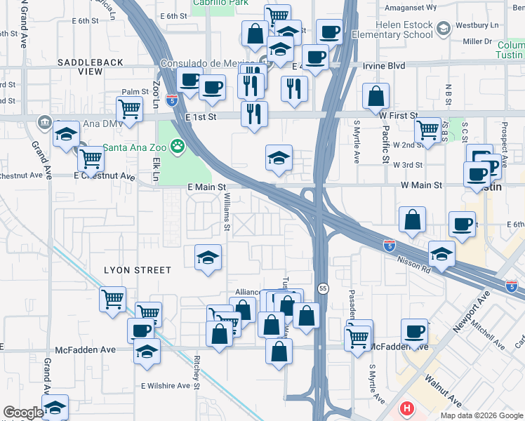 map of restaurants, bars, coffee shops, grocery stores, and more near 110 East Coronado Lane in Tustin
