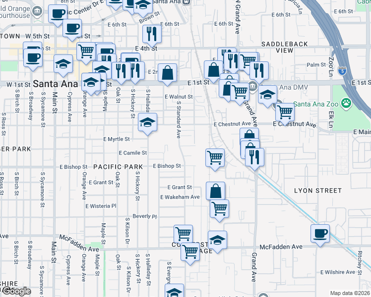 map of restaurants, bars, coffee shops, grocery stores, and more near 909 East Camile Street in Santa Ana