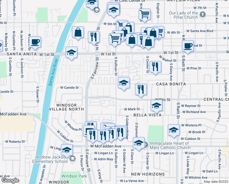 map of restaurants, bars, coffee shops, grocery stores, and more near 426 South Sullivan Street in Santa Ana