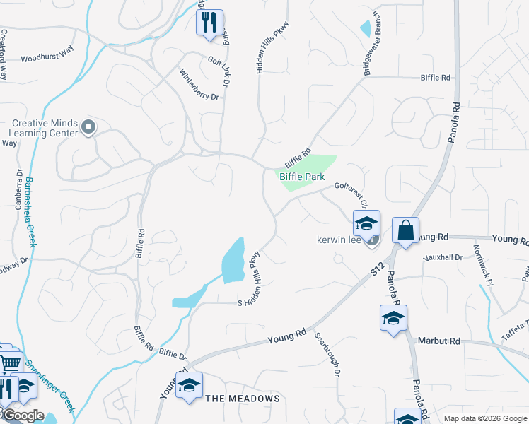 map of restaurants, bars, coffee shops, grocery stores, and more near 1691 South Hidden Hills Parkway in Stone Mountain