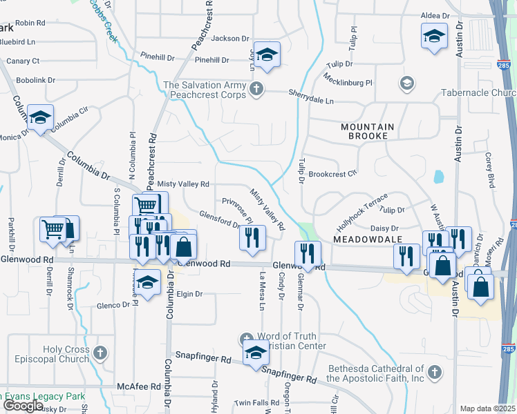 map of restaurants, bars, coffee shops, grocery stores, and more near 3516 Misty Valley Road in Decatur