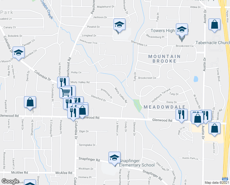 map of restaurants, bars, coffee shops, grocery stores, and more near 3511 Misty Valley Road in Decatur