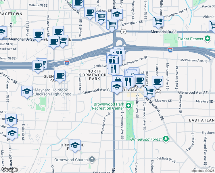 map of restaurants, bars, coffee shops, grocery stores, and more near 1128 Glenwood Avenue Southeast in Atlanta