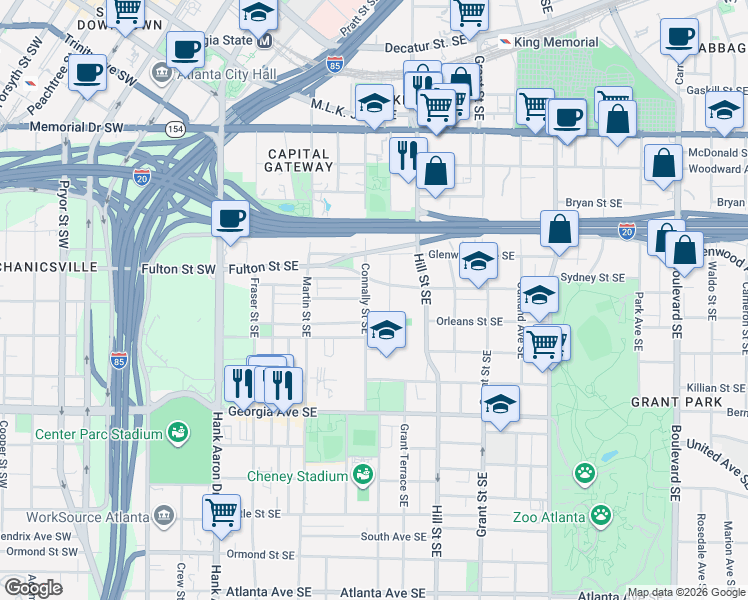 map of restaurants, bars, coffee shops, grocery stores, and more near 510 Connally Street Southeast in Atlanta