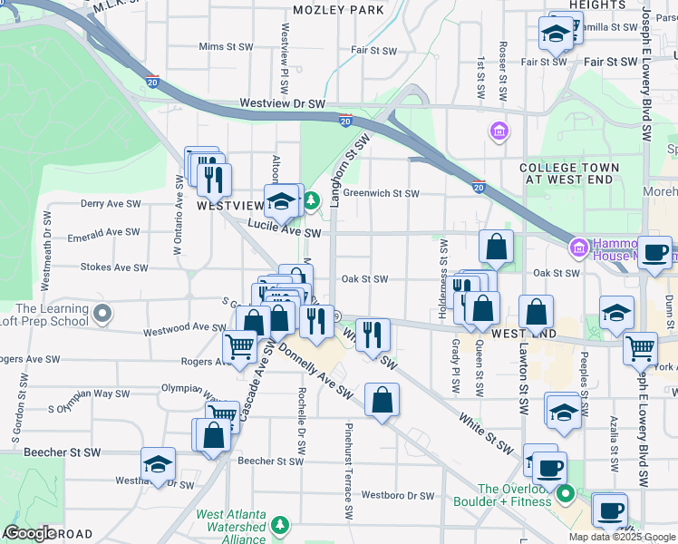 map of restaurants, bars, coffee shops, grocery stores, and more near 516 Langhorn Street Southwest in Atlanta