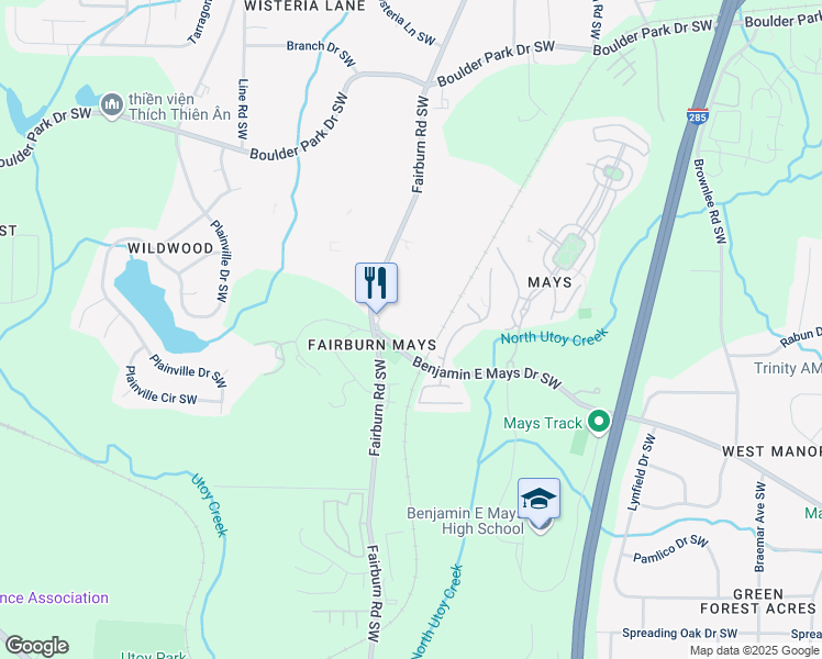 map of restaurants, bars, coffee shops, grocery stores, and more near 3711 Benjamin E Mays Drive Southwest in Atlanta