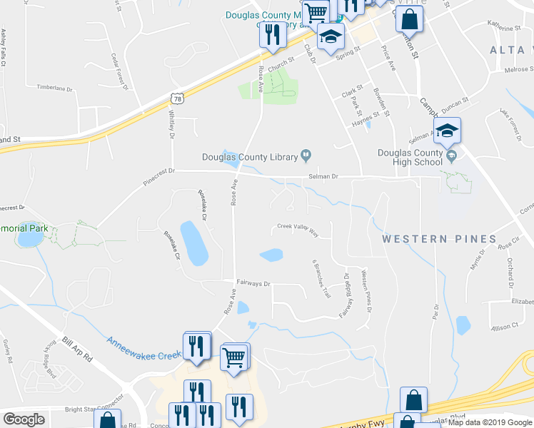 map of restaurants, bars, coffee shops, grocery stores, and more near 8846 West Hills Court in Douglasville