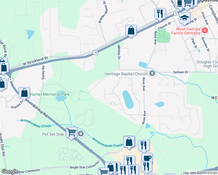 map of restaurants, bars, coffee shops, grocery stores, and more near 7104 Secret Rose in Douglasville