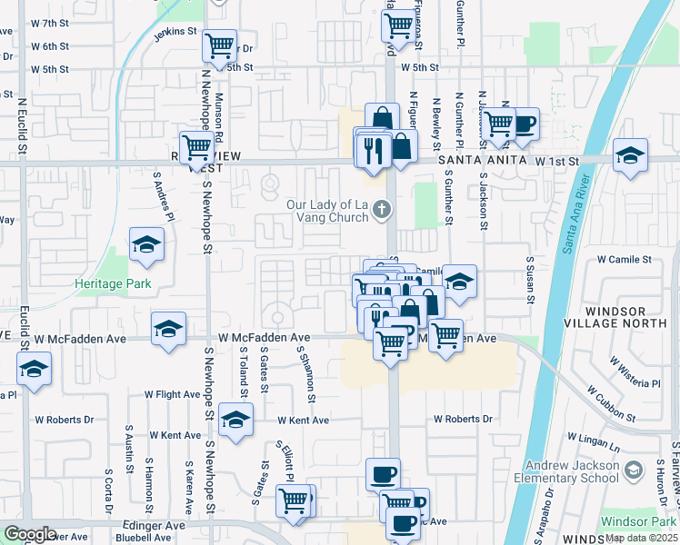 map of restaurants, bars, coffee shops, grocery stores, and more near 432 South Harbor Boulevard in Santa Ana